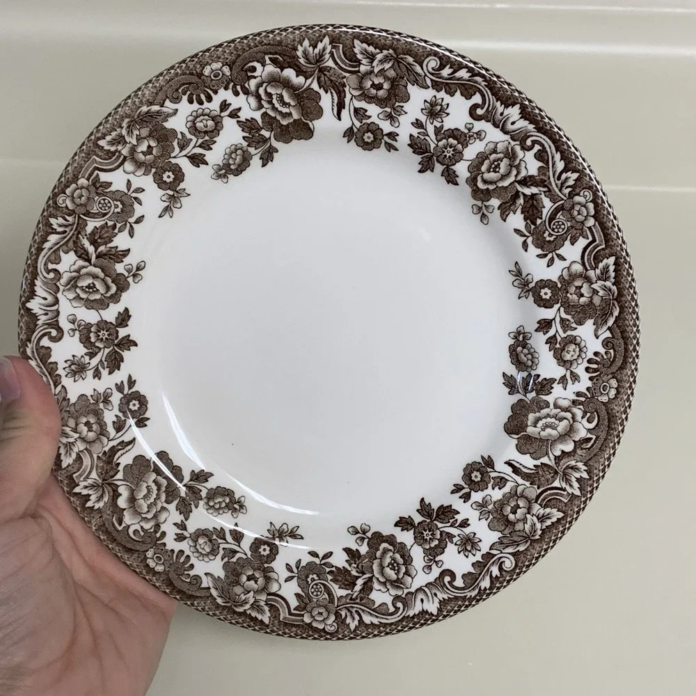 3 Spode Delamere Brown Earthenware Salad Plate England Imperial Flower Rim 7 7/8